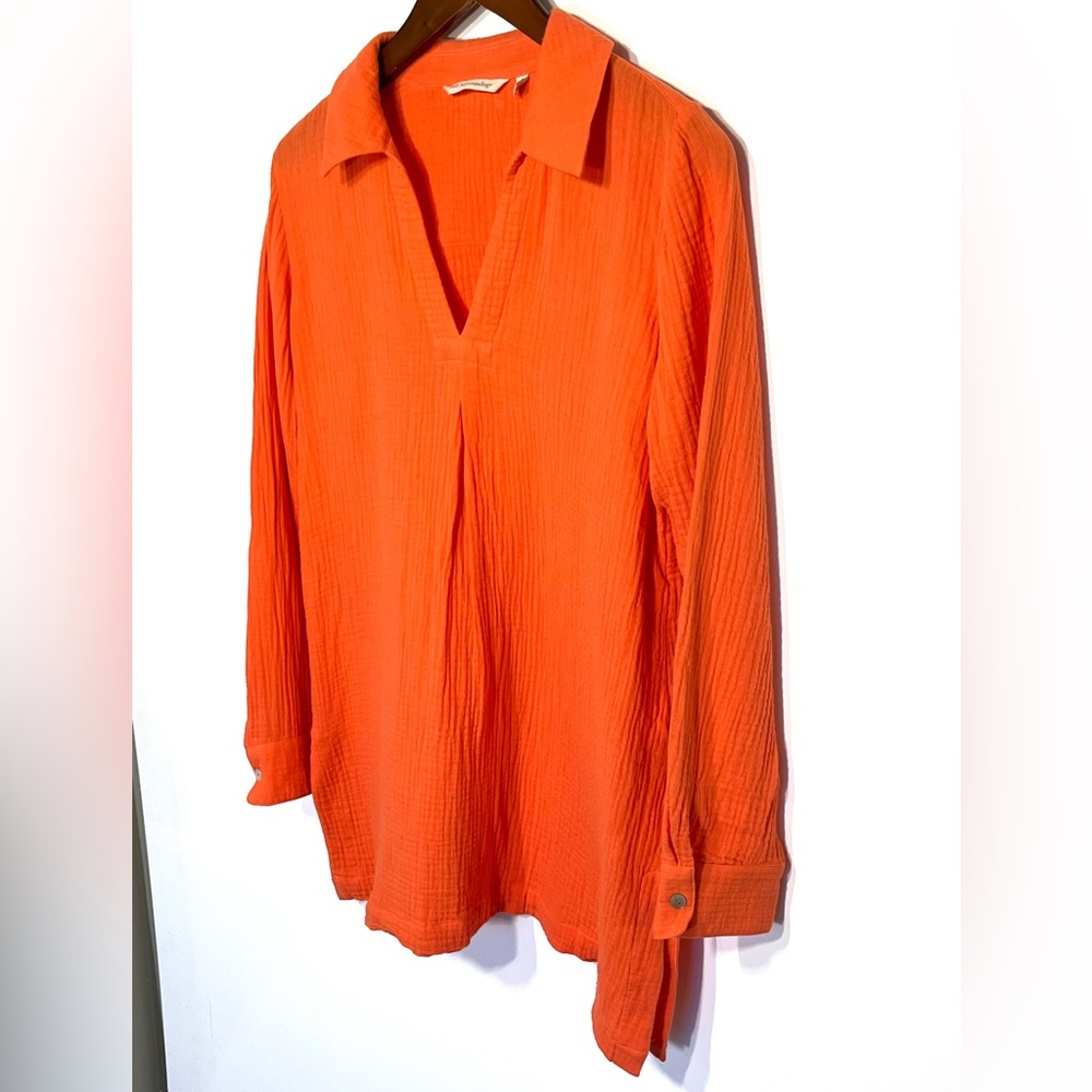 Soft Surroundings Orange gauzy cotton long sleeve collared pullover blouse small